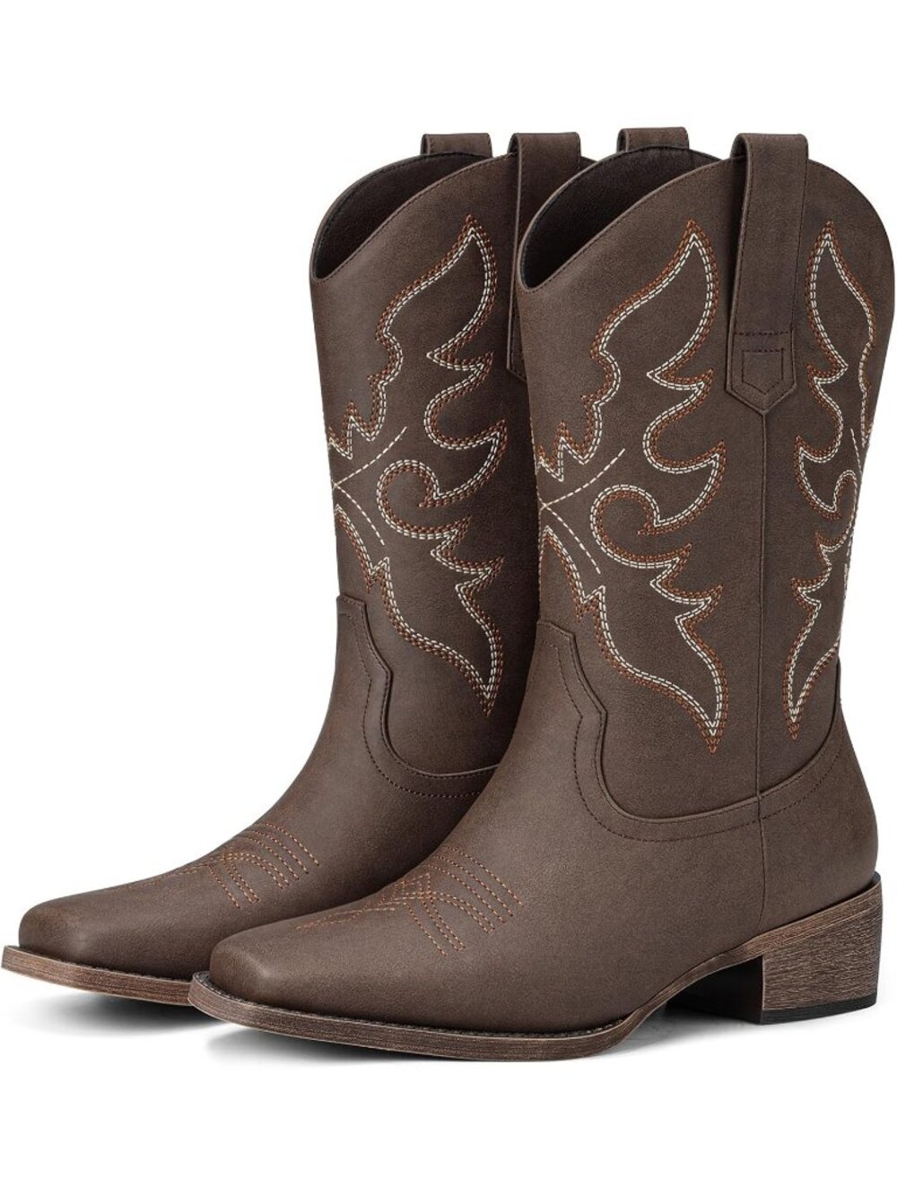 Women's Dark Brown Cowgirl Square Toe Mid Calf Western Pull On Low Chunky Heels